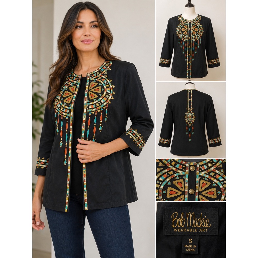 Bob Mackie Wearable Art Black Embroidered Jacket Southwest Boho Size Small
